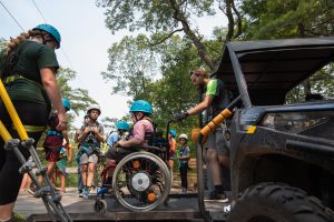 A group of individuals wearing helmets at an outdoor adventure park, including one person in a wheelchair, preparing to participate in an activity near an off-road vehicle.